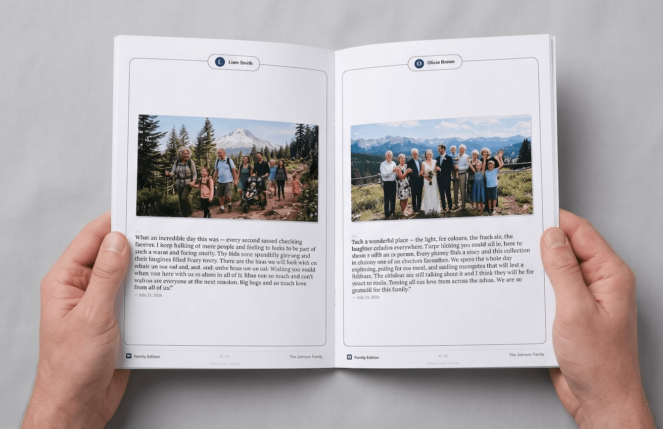 An open Family Edition newspaper spread, held in two hands, showing family photos and messages from Liam and Olivia