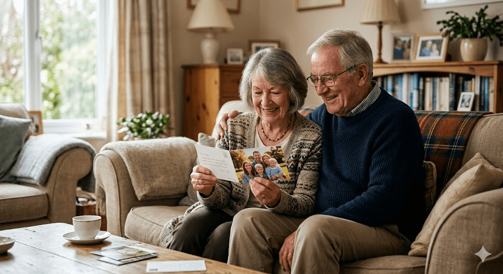 Grandparents joyfully looking at printed photos